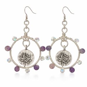 Amethyst Lotus Hoop Earrings | Silver Tone | Boho Spiritual Jewelry